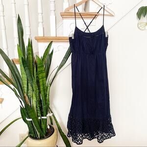 J. Crew Navy Eyelet Trim Ruffle Lace Midi Dress Size Small